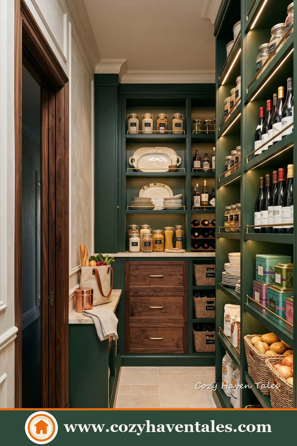 Deep green walk-in pantry with open shelving, wooden drawers and a long counter