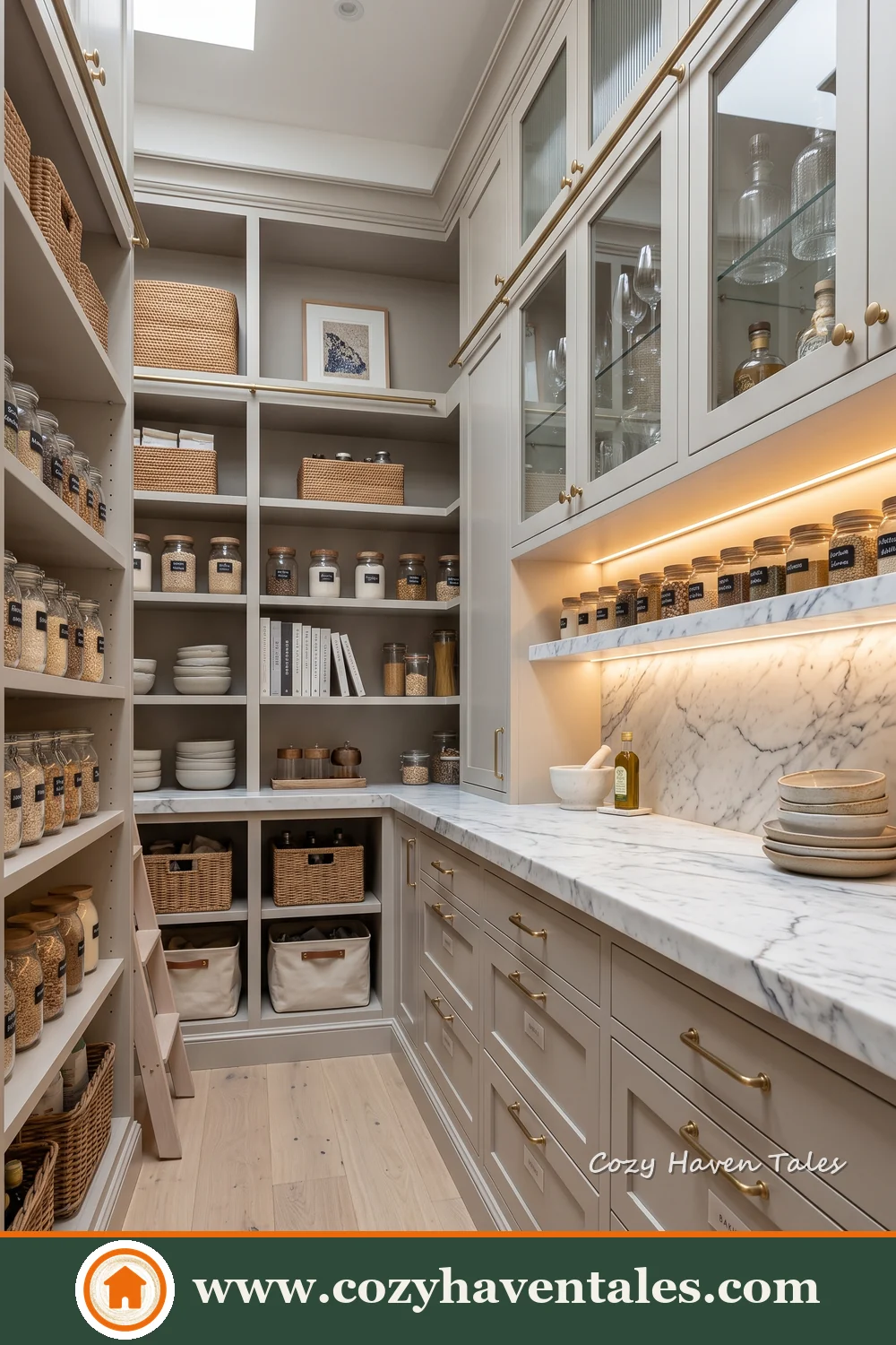 Elegant butler’s pantry with glass-front cabinets, marble counters and a skylight