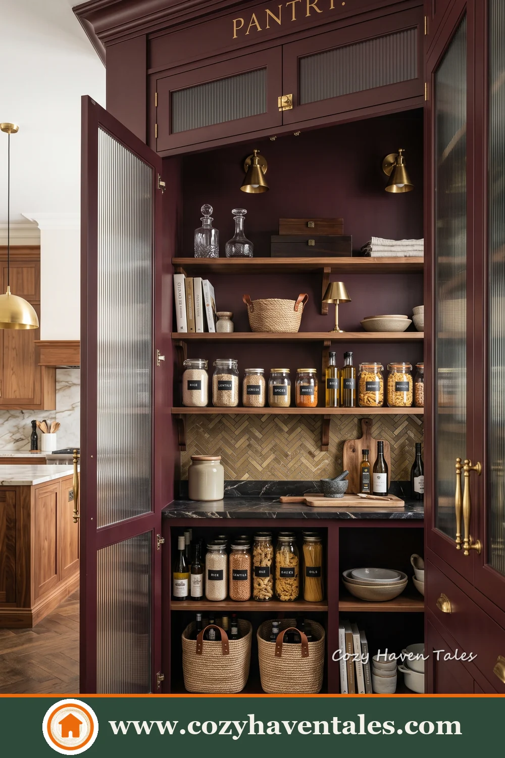Tall burgundy food storage cabinet with glass doors, open shelves and bottle racks