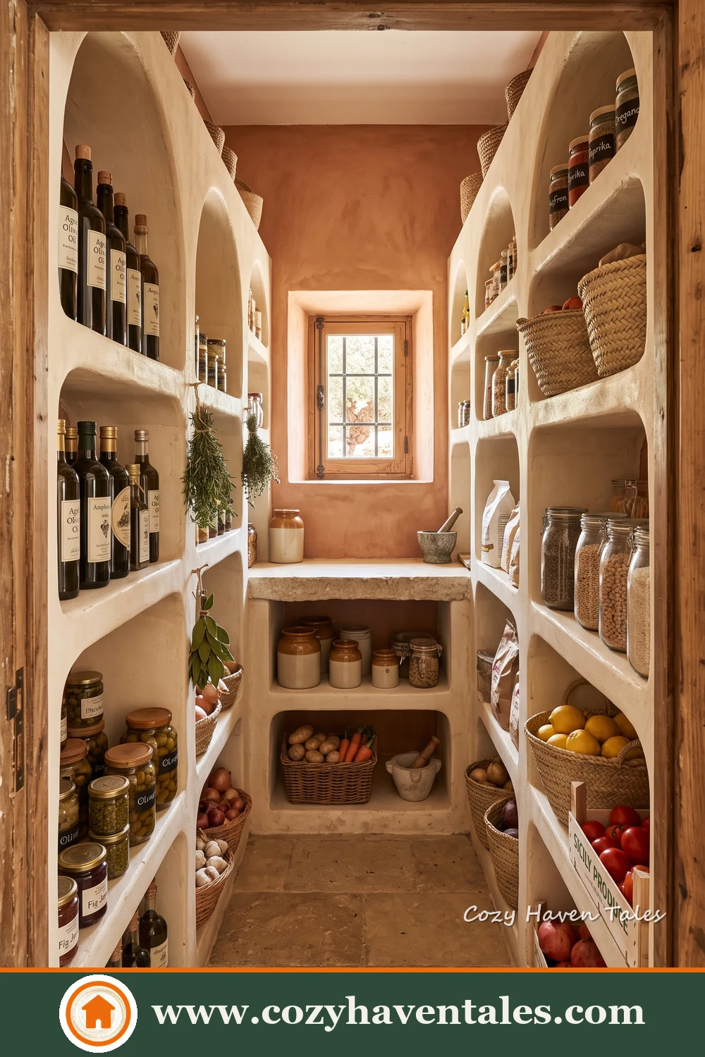 Warm terracotta storage room with rounded wooden shelves and a counter under the window