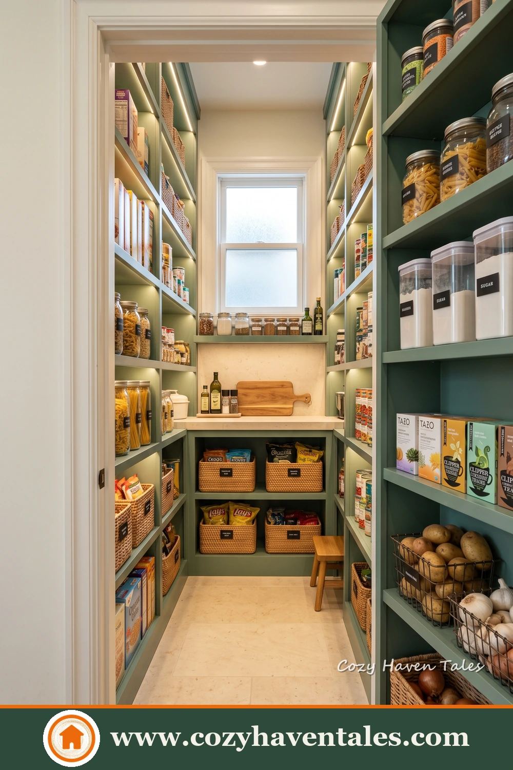 Narrow walk-in pantry with green shelving on both walls and a small counter beneath the window