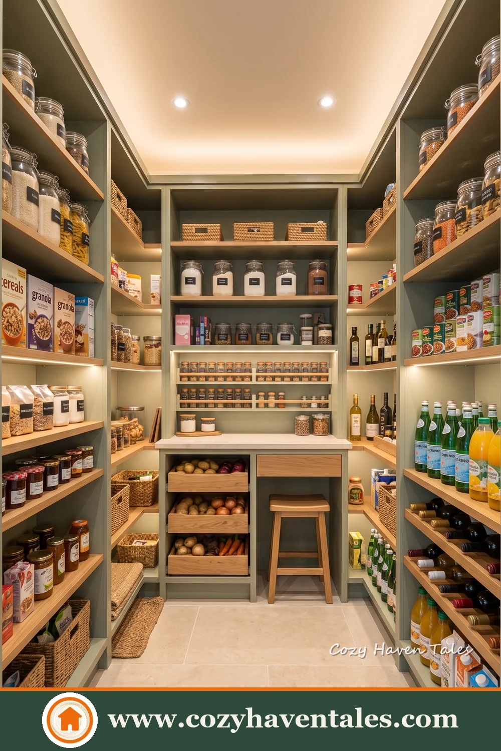 Spacious walk-in food storage room with green shelves, central aisle and rear counter
