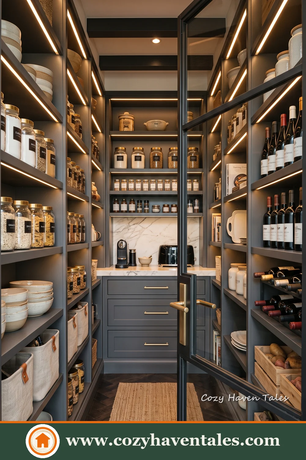 Industrial-style food storage room with black metal framing and illuminated open shelves