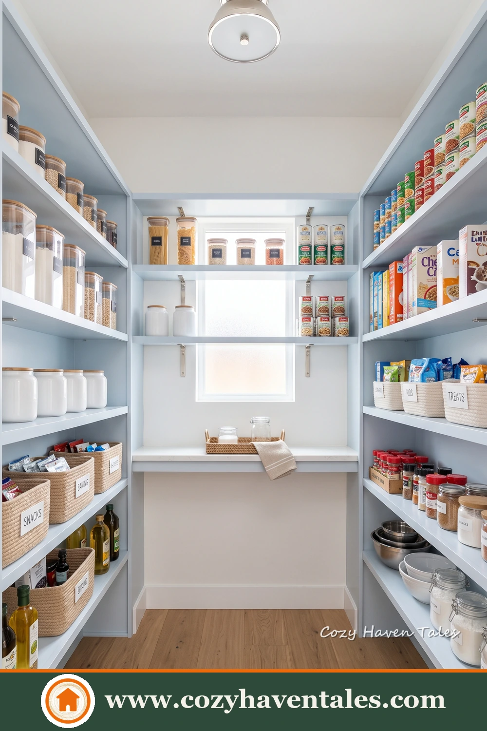 Narrow galley pantry with white shelves on both walls, pale blue accents and a counter beneath the window