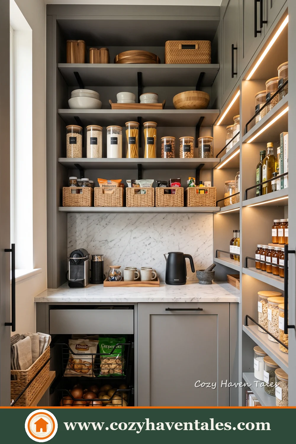 Compact food storage room with grey cabinets, open shelves, illuminated side shelving and small appliances