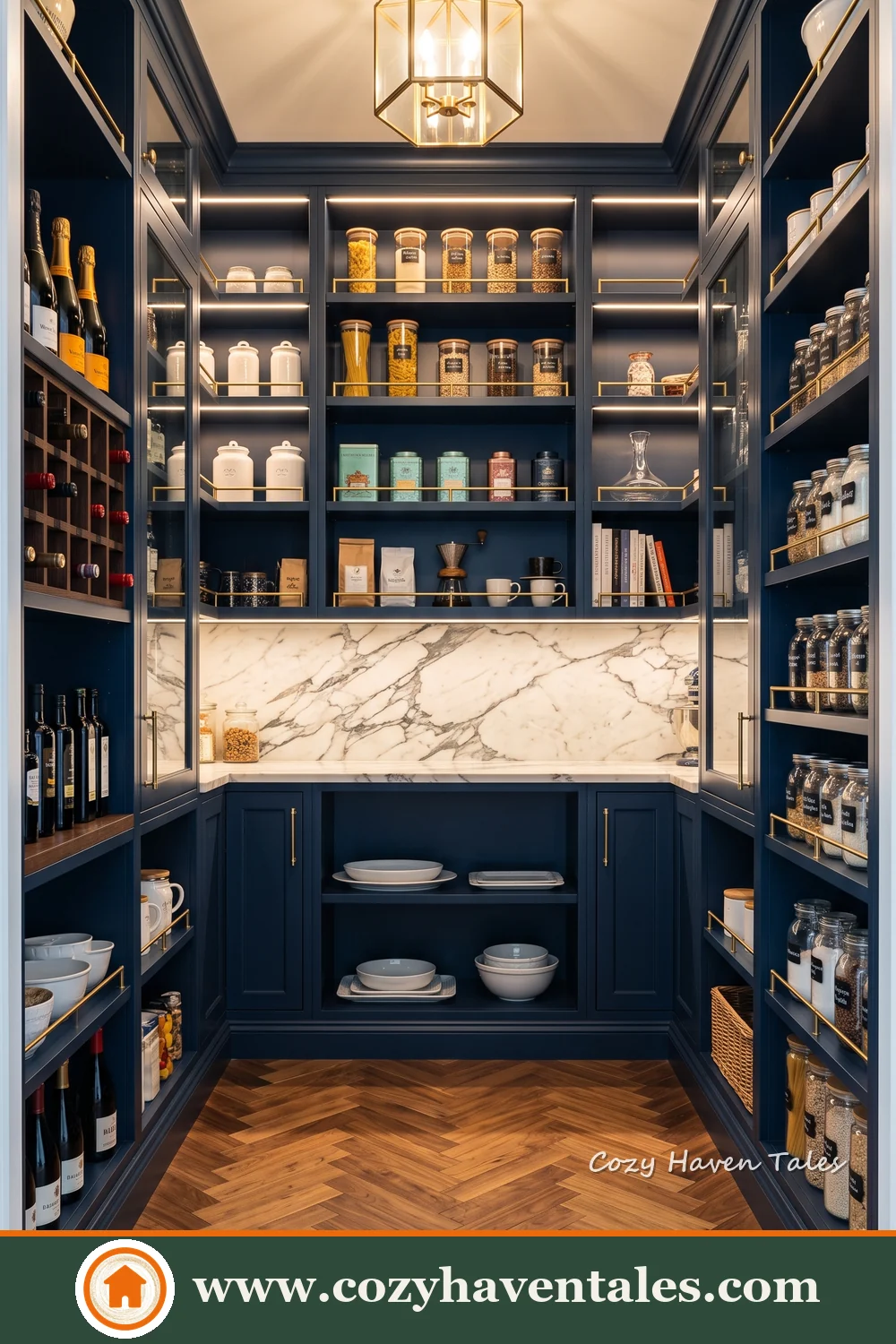 Dark navy butler’s pantry with open shelves, marble backsplash, serving counter and lower cabinets
