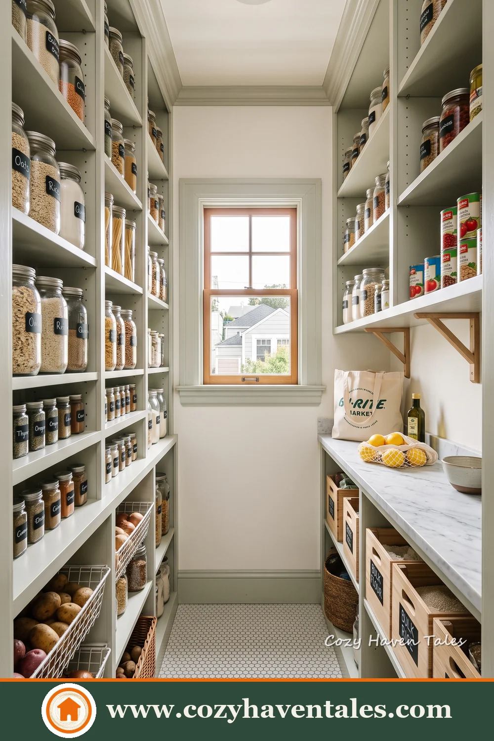Narrow white food storage room with full-height shelves, a long counter, lower baskets and a window