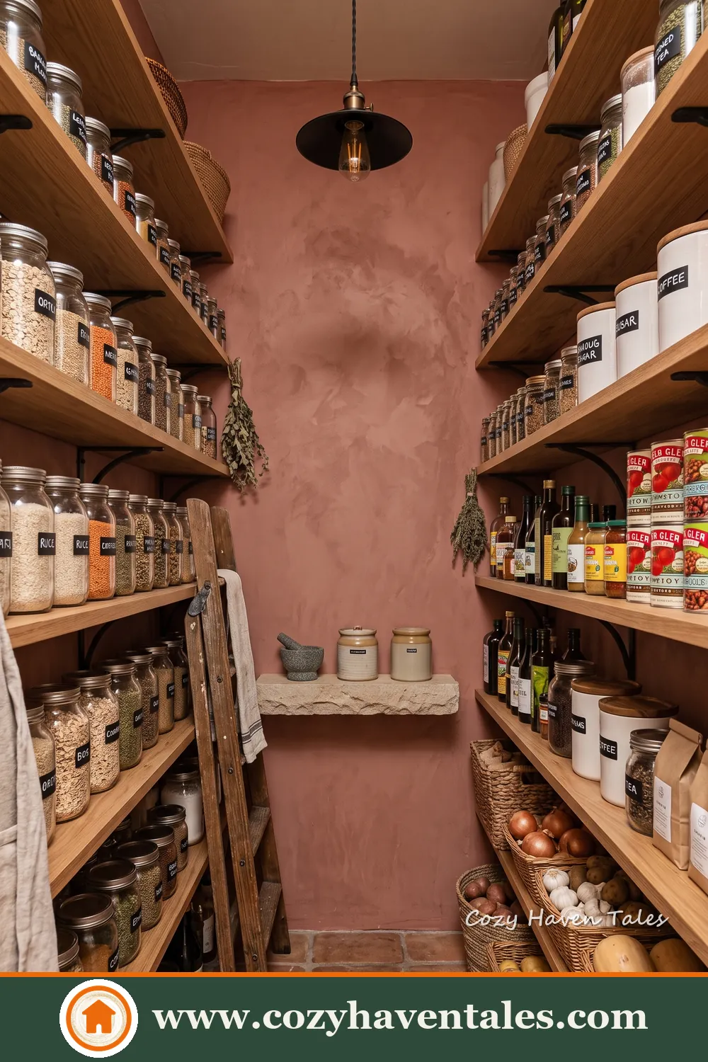 Narrow terracotta food storage room with wooden shelves on both sides and a small rear counter