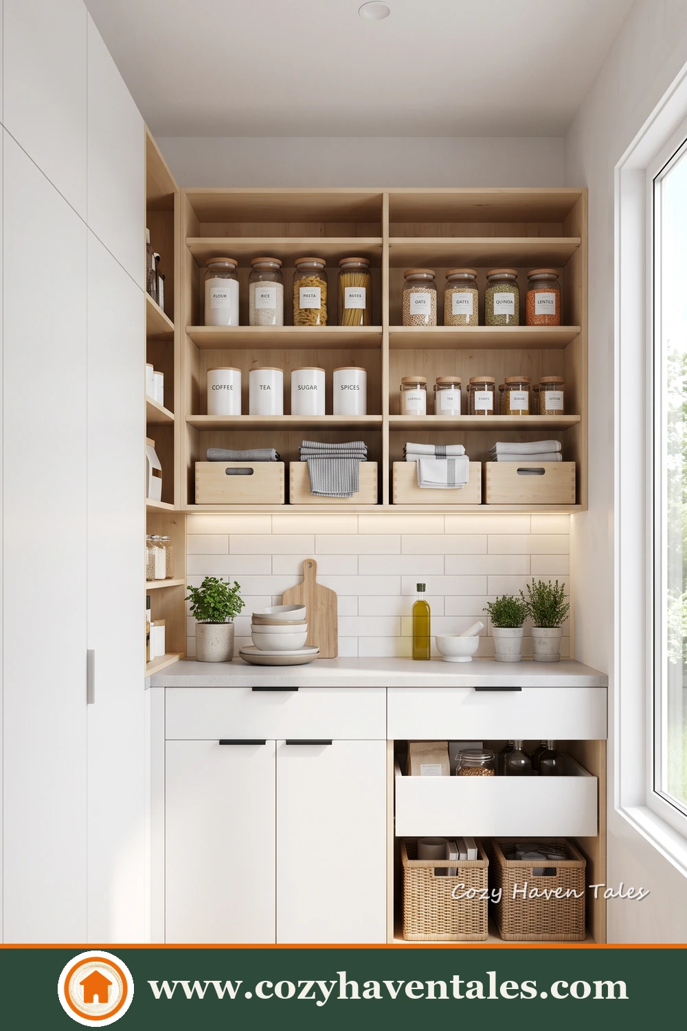 Compact one-wall storage station with wooden shelves, white cabinets, counter and open lower cubbies