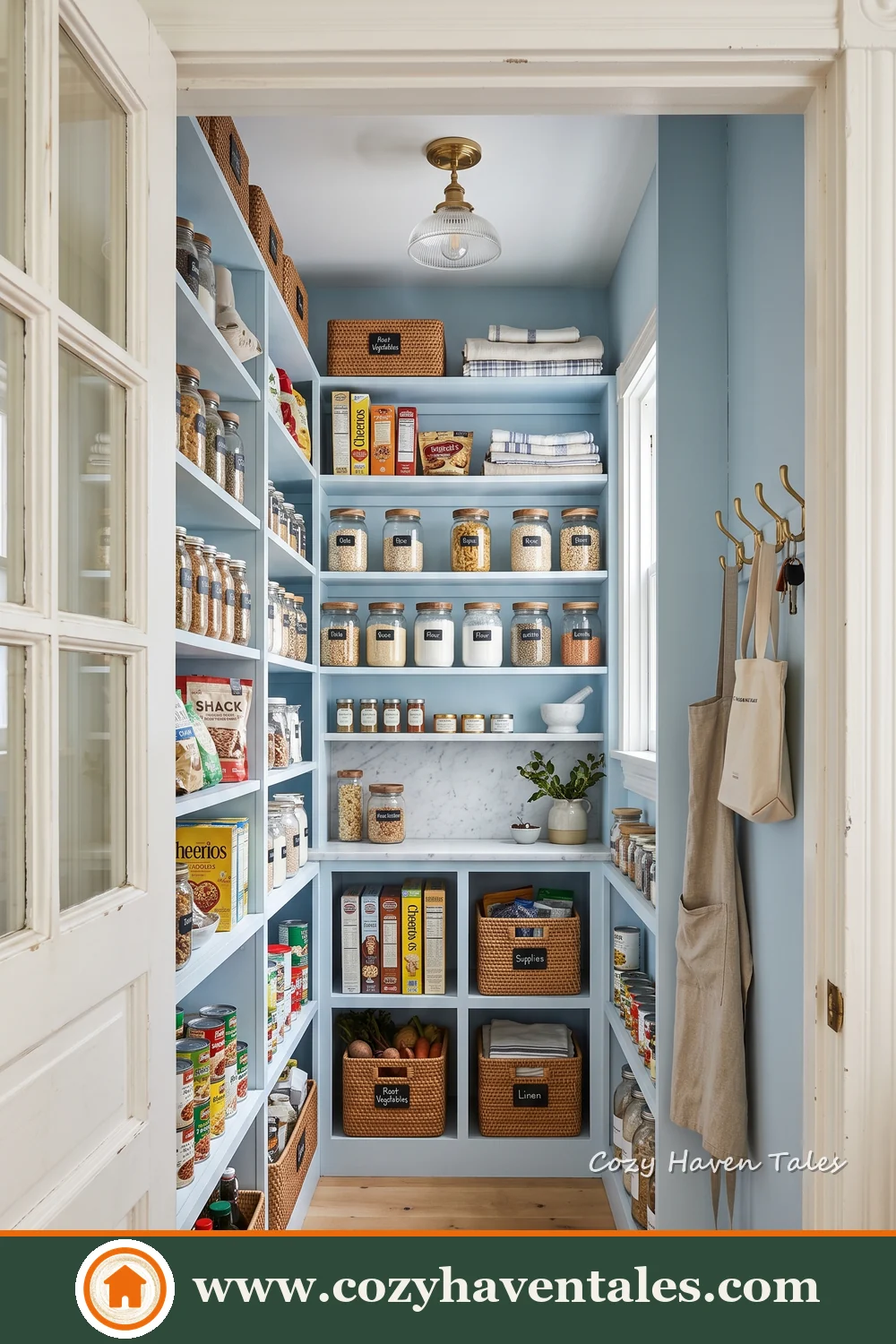 Small blue walk-in pantry with shallow shelves, organised jars and storage baskets