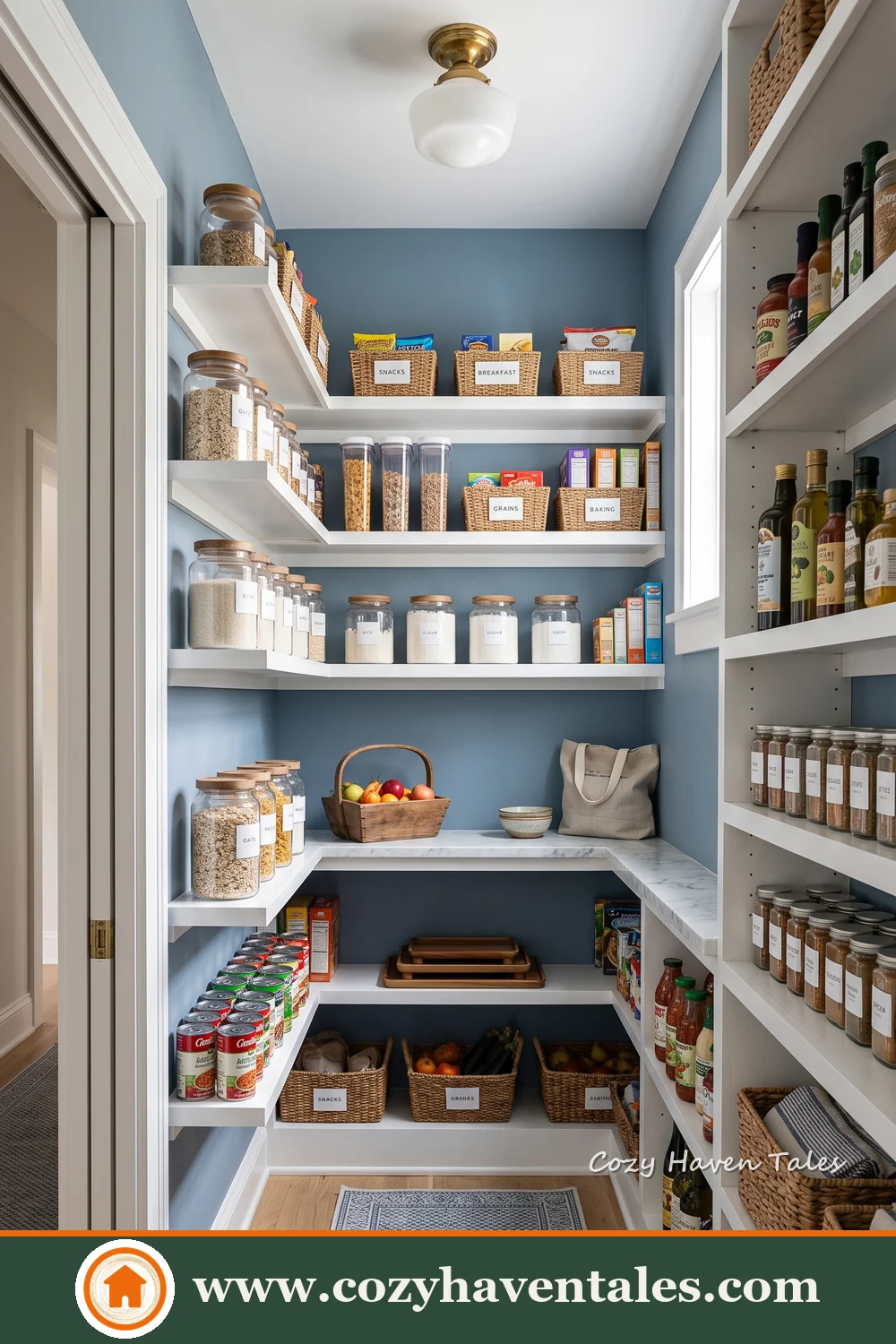 Small blue walk-in storage room with white shelves arranged around three walls
