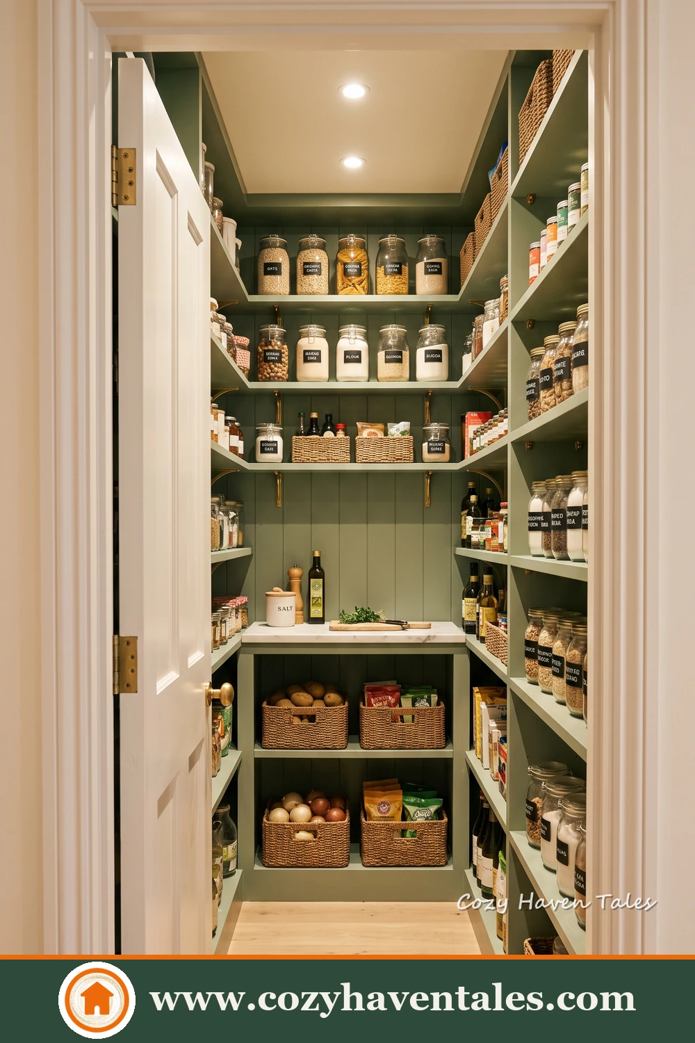 Small dark green storage room with shallow open shelves, rear counter and woven baskets
