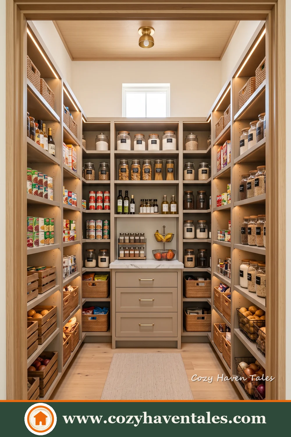 Spacious walk-in grocery room with wooden shelves on both sides and drawers at the back