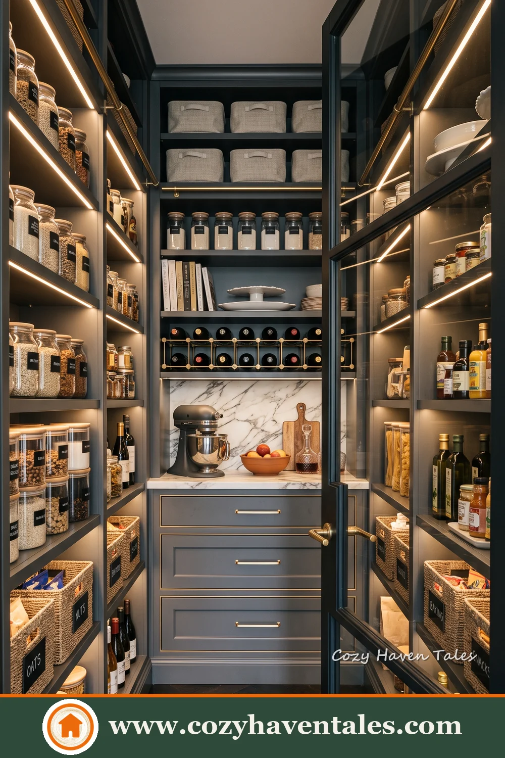 Dark charcoal galley pantry with illuminated shelves and cabinets at the end