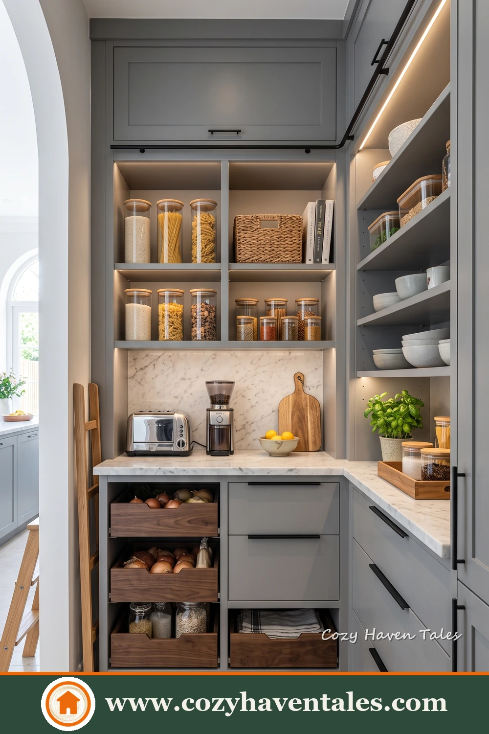 Compact grey pantry with open shelves, drawers, baskets and a coffee machine