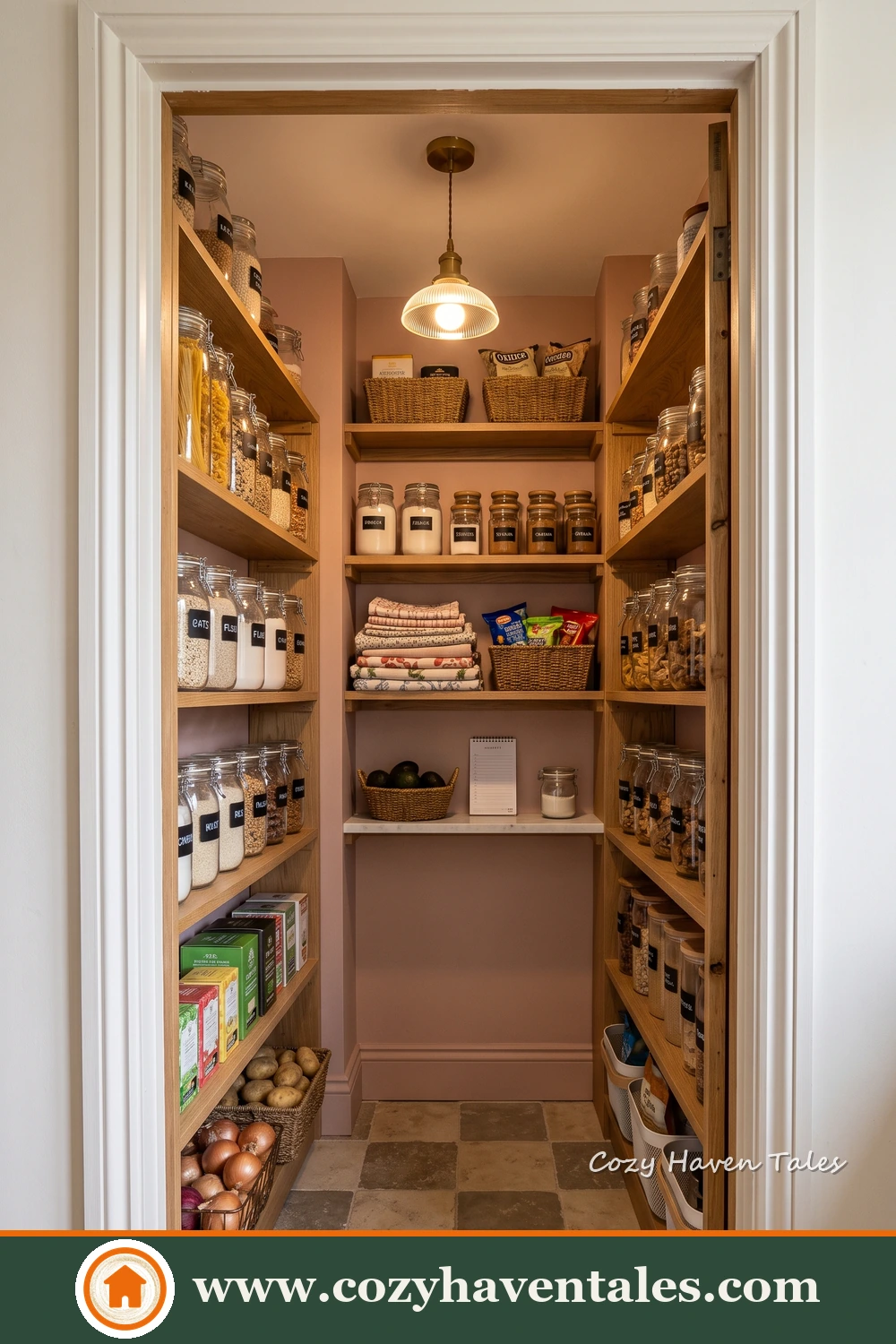 Small traditional pantry with wooden shelves, warm lighting and checkerboard floor tiles