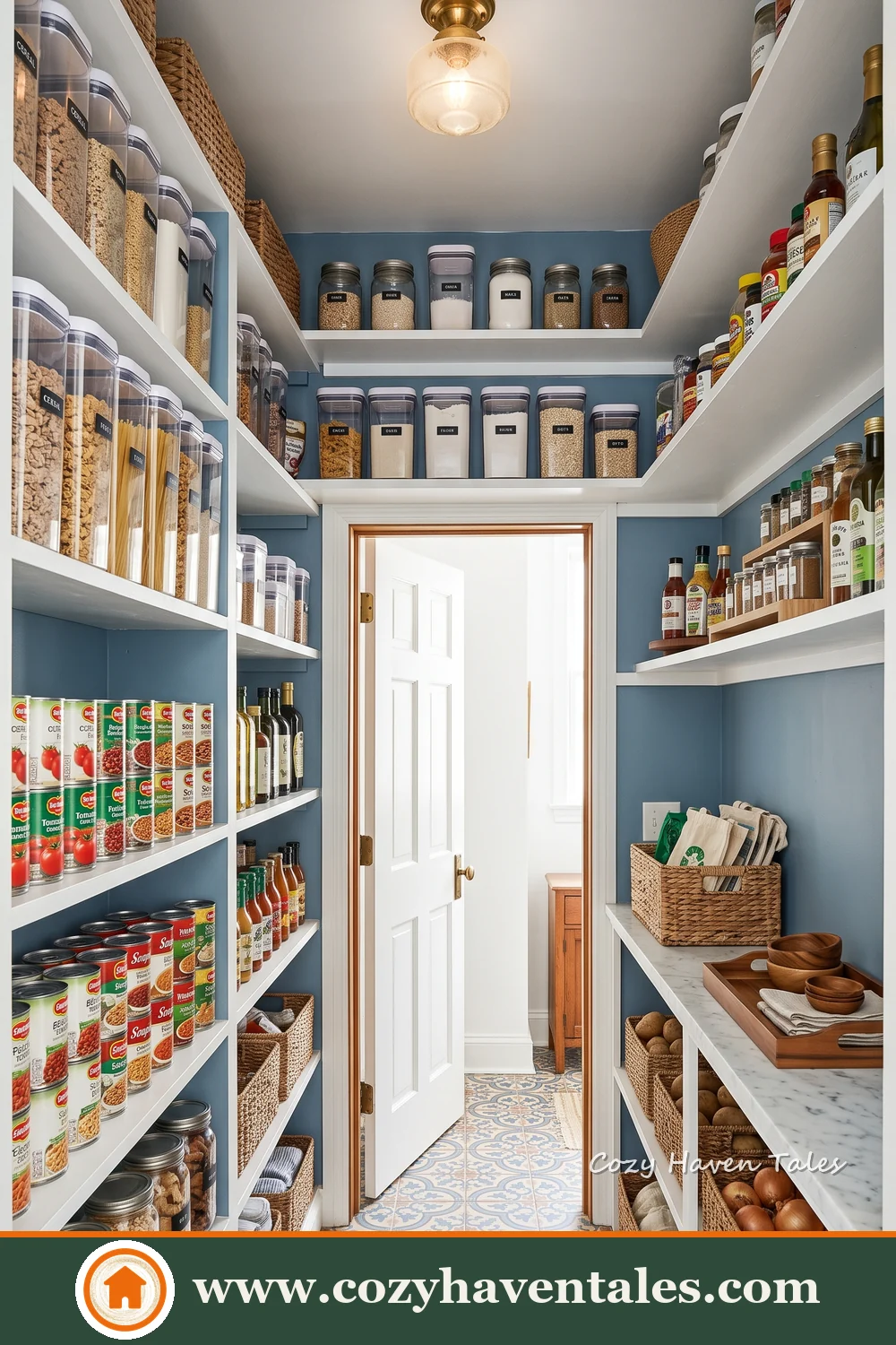 Long galley pantry with open shelves, organised food containers and a preparation counter