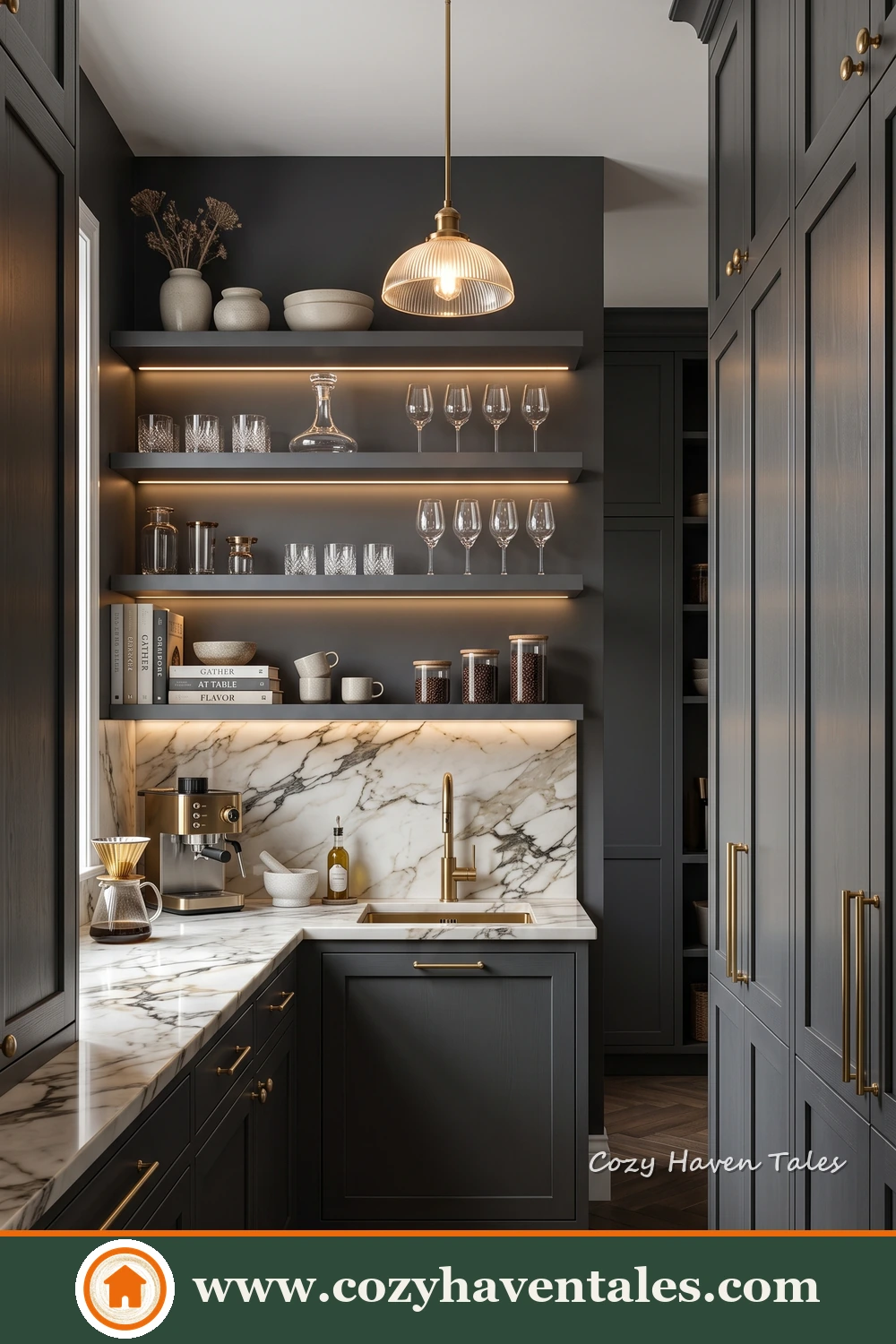 Black butler’s pantry with open shelves, marble counter, dark cabinets and pendant light