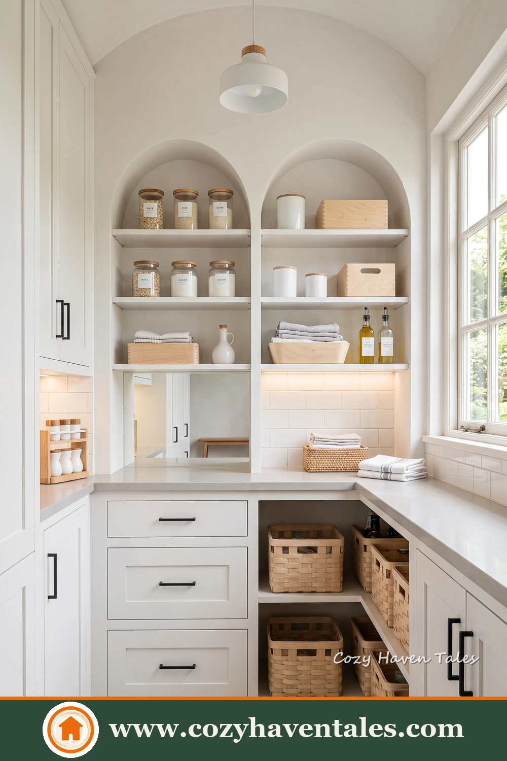 Bright white pantry with arched open shelves, drawers, cabinets and storage baskets