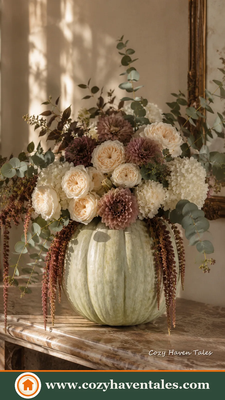 Serene pumpkin floral arrangement ideas with a calm interior showing statement lighting and clean lines