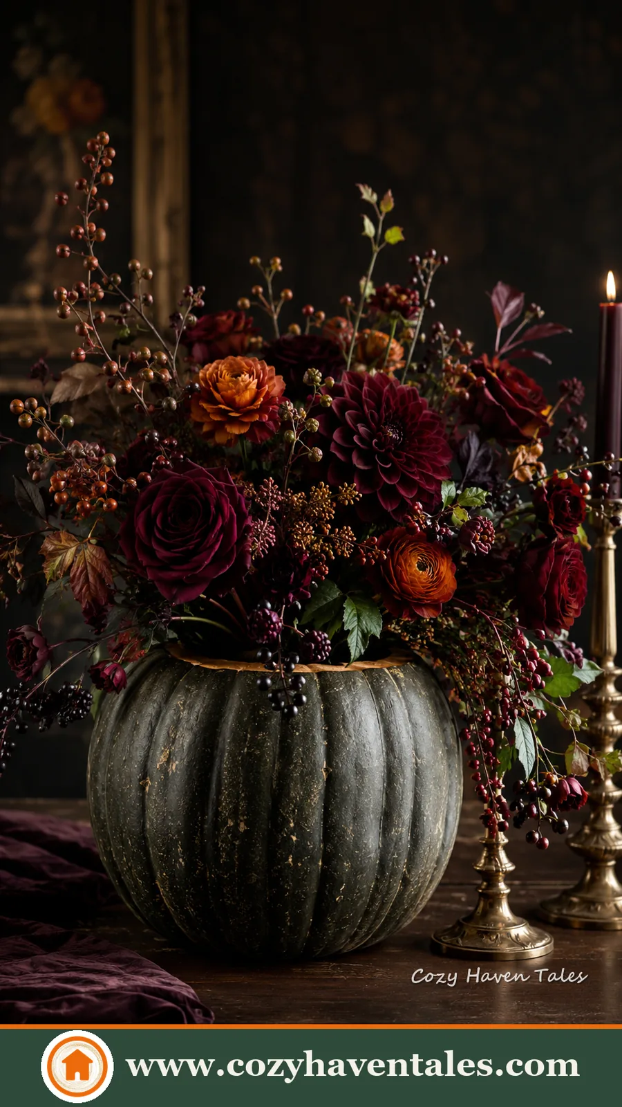 Stylish pumpkin floral arrangement ideas with a refined interior showing the color palette and finishes