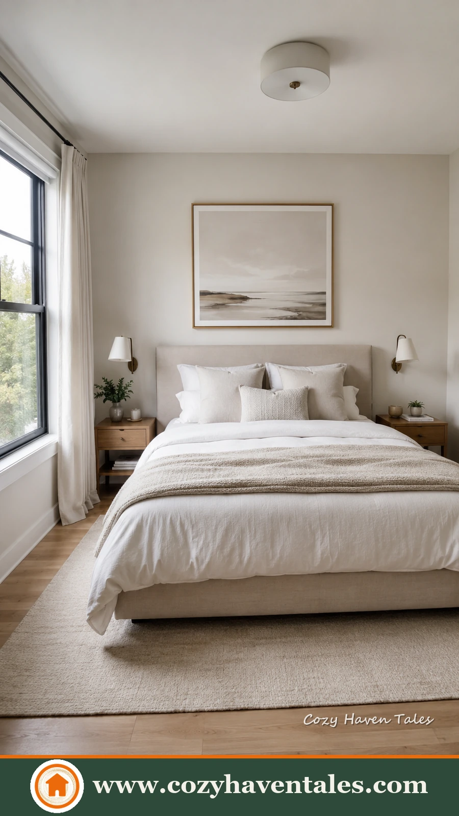A small bedroom with a beige upholstered bed, matching wood nightstands on both sides, and a single large piece of art above the headboard, styled to look **less cluttered**.