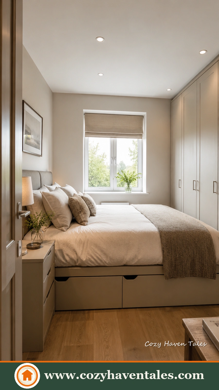 A narrow bedroom with a platform bed featuring built-in drawers and a wall of fitted wardrobes, an example of small bedroom look less cluttered storage.