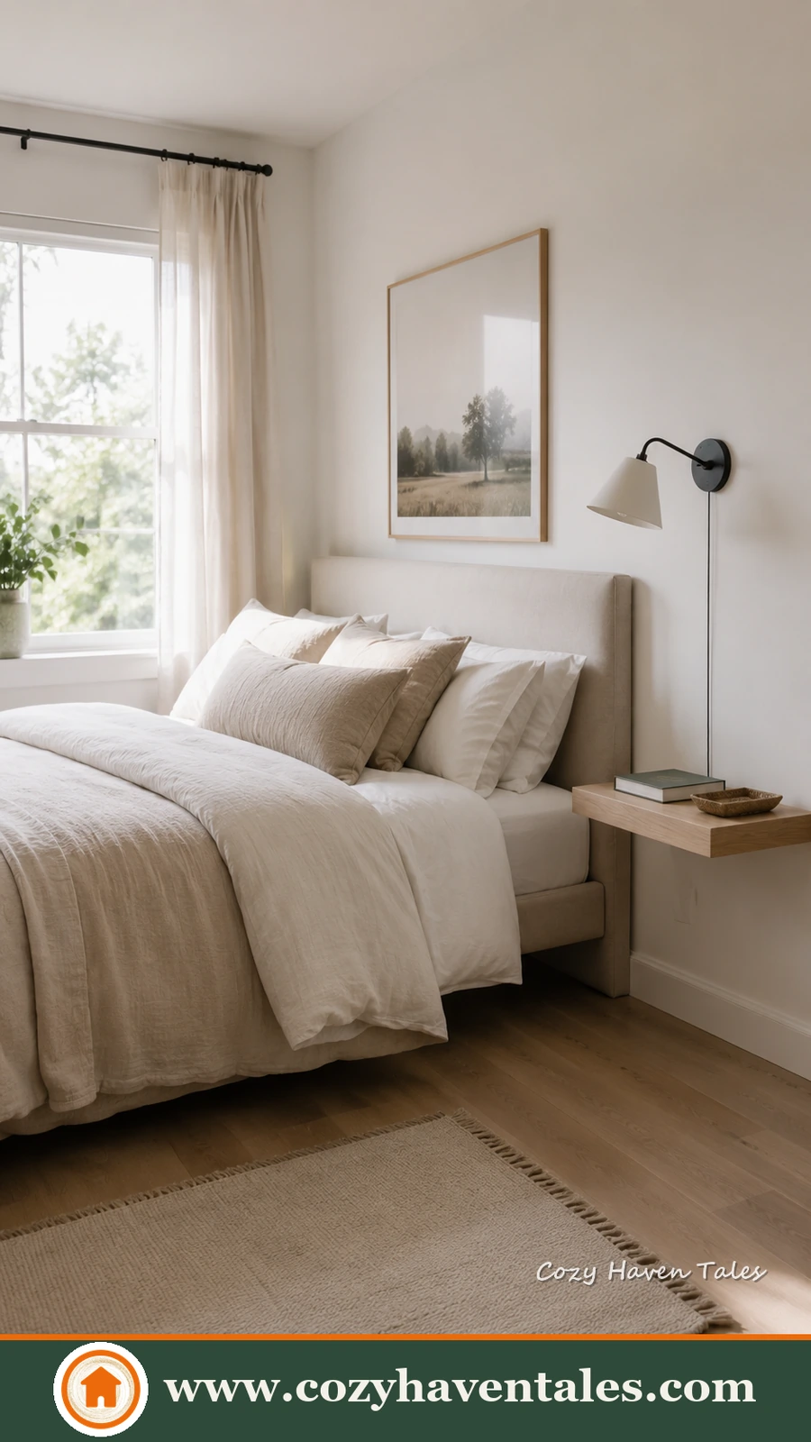 A small bedroom with an upholstered bed and a slim floating wood shelf used as a nightstand instead of a full cabinet, styled to look less cluttered.