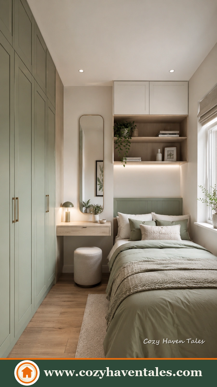 A small bedroom with a full wall of sage green wardrobes, a slim floating vanity nook with a mirror, and a green upholstered headboard, an example of **small bedroom look less cluttered** design.
