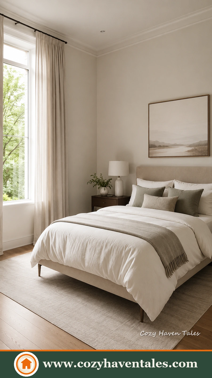 A small bedroom with a beige upholstered bed, a single dark wood nightstand, and one large framed art piece, styled with a small bedroom look less cluttered approach.