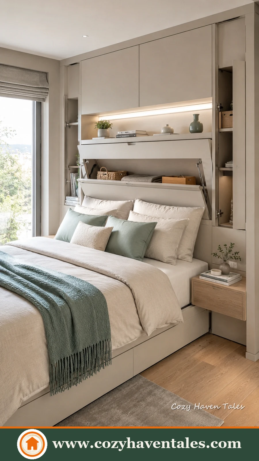 A small bedroom with lift-up storage cabinets built into the wall above the headboard and a slim floating nightstand, an example of **small bedroom look less cluttered** storage.
