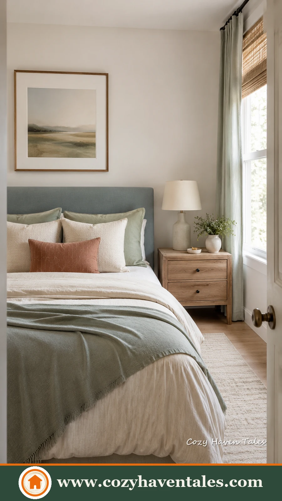 A small bedroom viewed through an open door, with a sage green upholstered headboard, a single wood nightstand, and sage green and terracotta pillows, styled to look *less cluttered*.