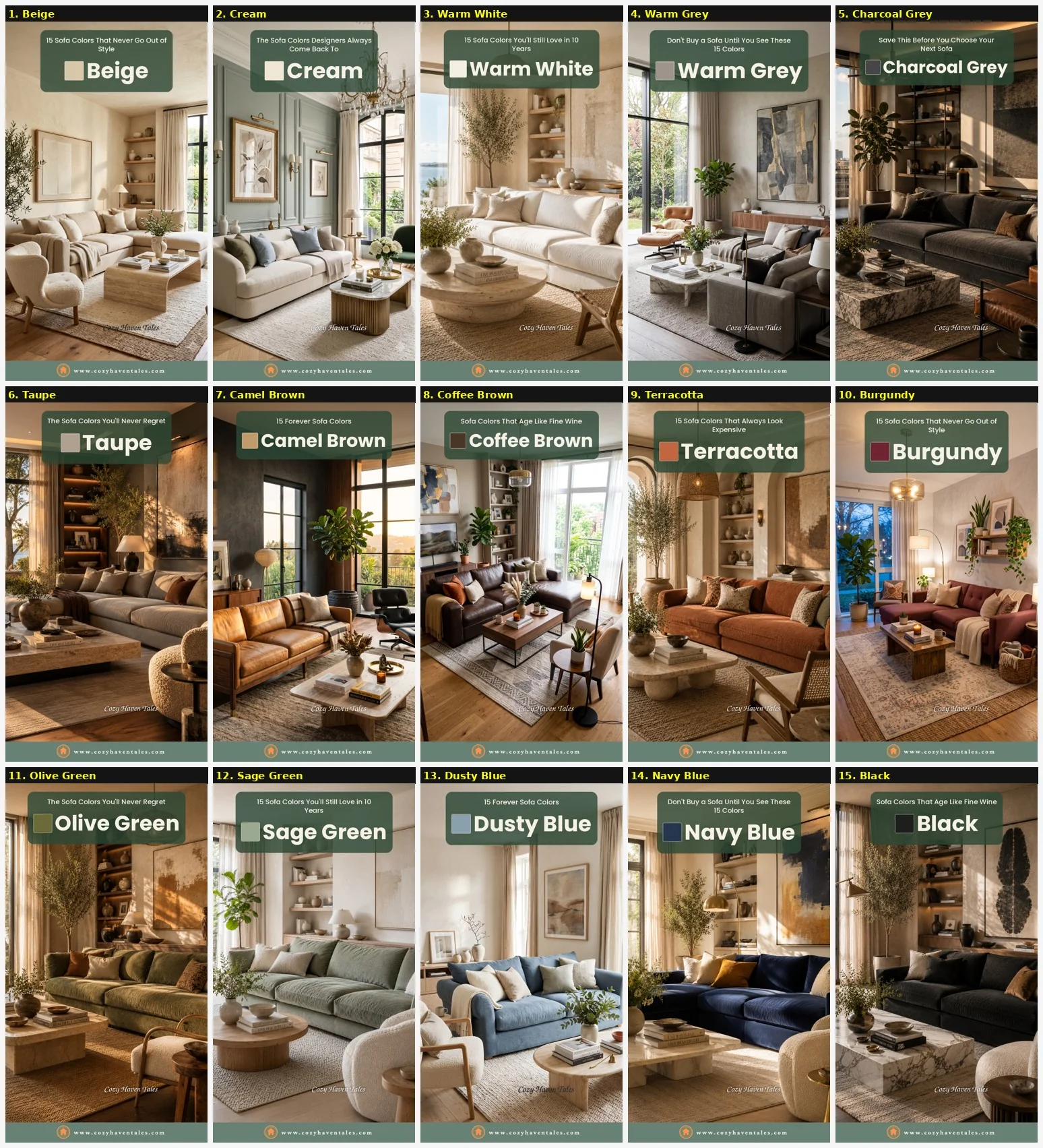 Overview grid of all 15 timeless sofa colors - beige, cream, warm white, warm grey, charcoal, taupe, camel, coffee, terracotta, burgundy, olive, sage, dusty blue, navy and black - styled in living rooms.