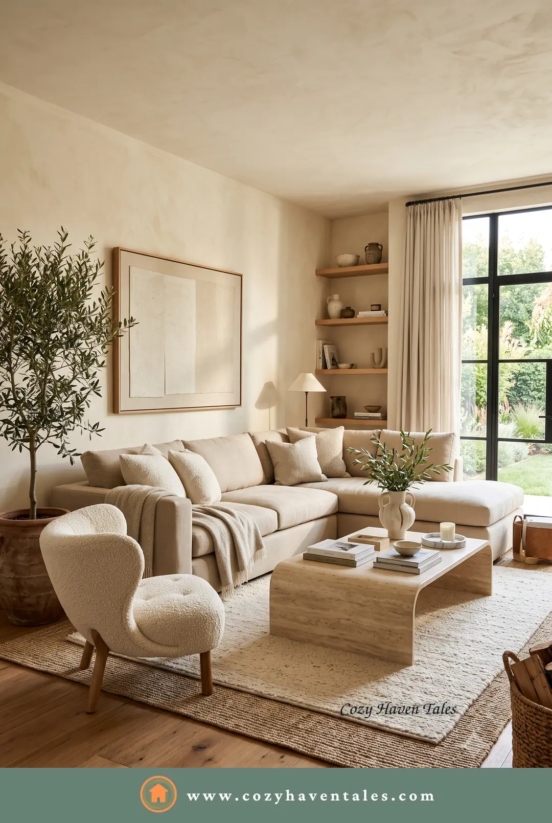 Beige sofa in a bright neutral living room with a boucle accent chair, marble coffee table and an olive branch - a timeless sofa color.