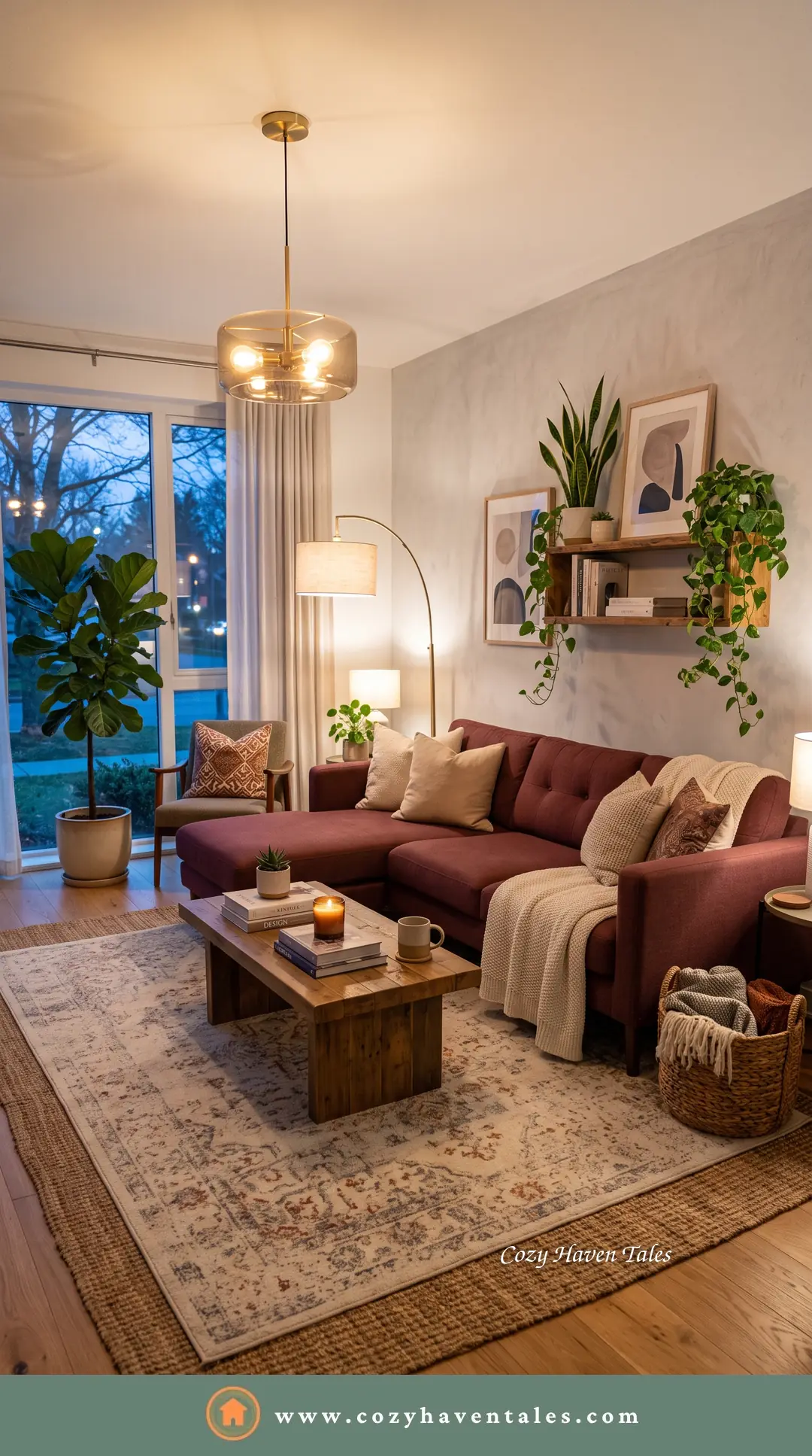 Burgundy sectional in a warm evening living room with a gold arc lamp, plants and a wood coffee table - a timeless sofa color.