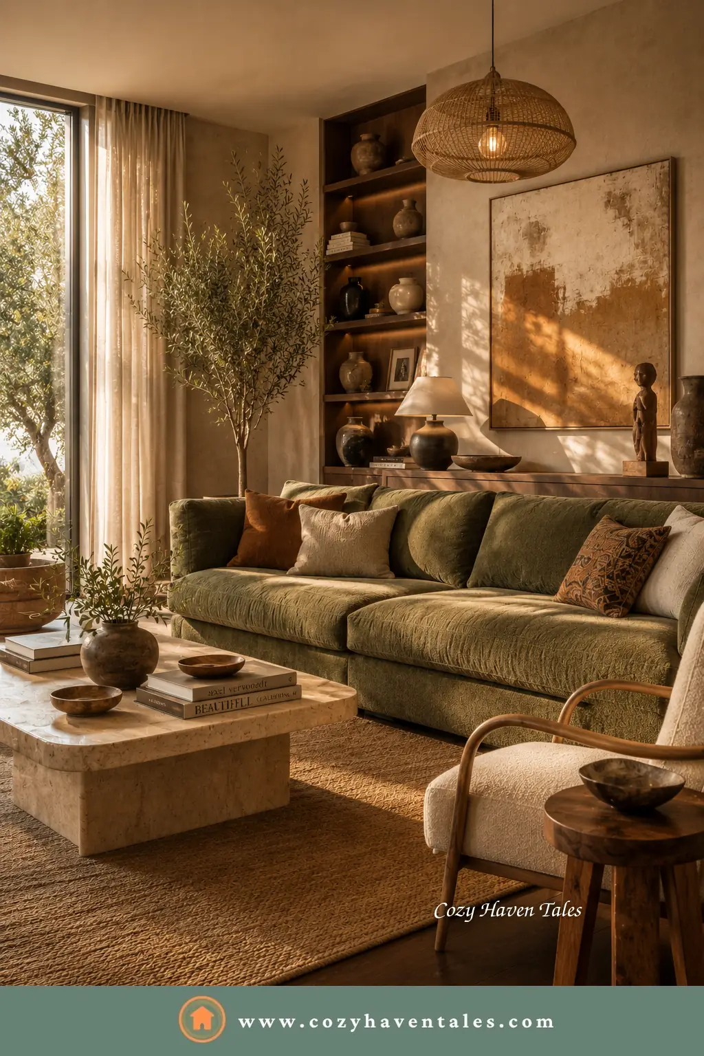 Olive green sofa in a warm living room with plaster walls, wood shelving and a boucle accent chair - a timeless sofa color.