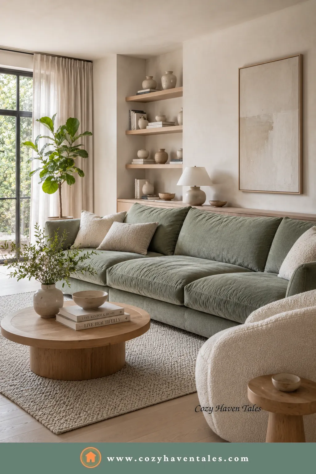 Sage green sofa in a bright, airy living room with wood shelving, a round table and a boucle chair - a timeless sofa color.