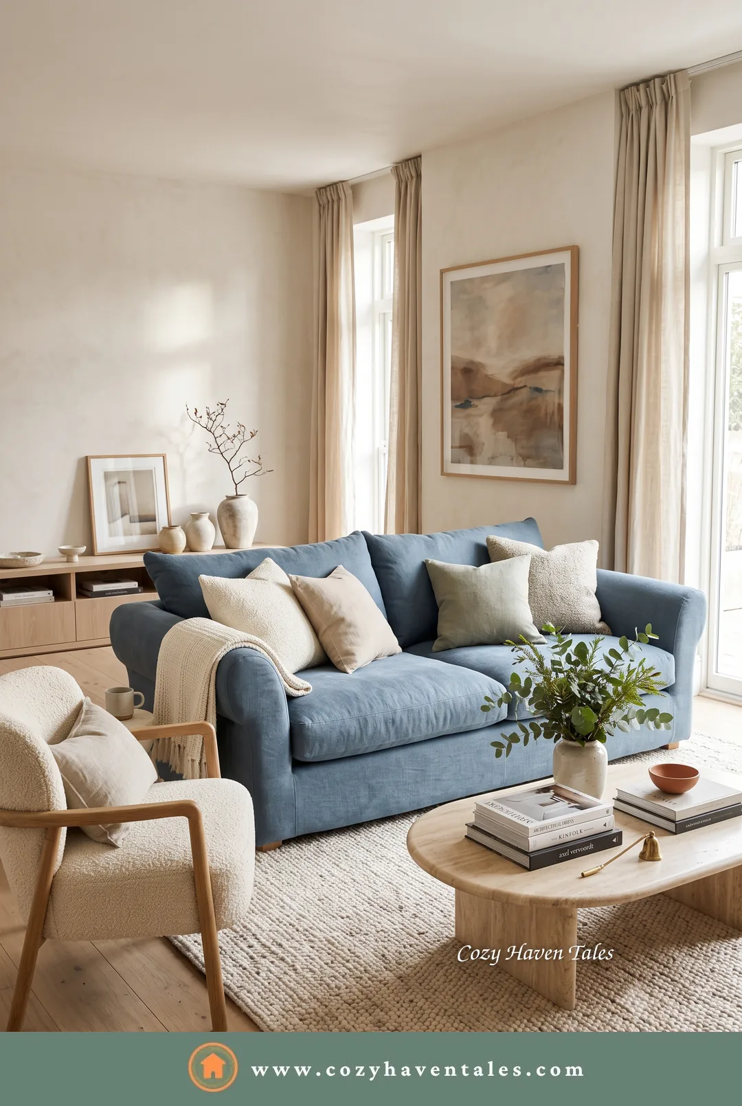 Dusty blue sofa in a light, airy living room with framed art, a boucle chair and a wood coffee table - a timeless sofa color.