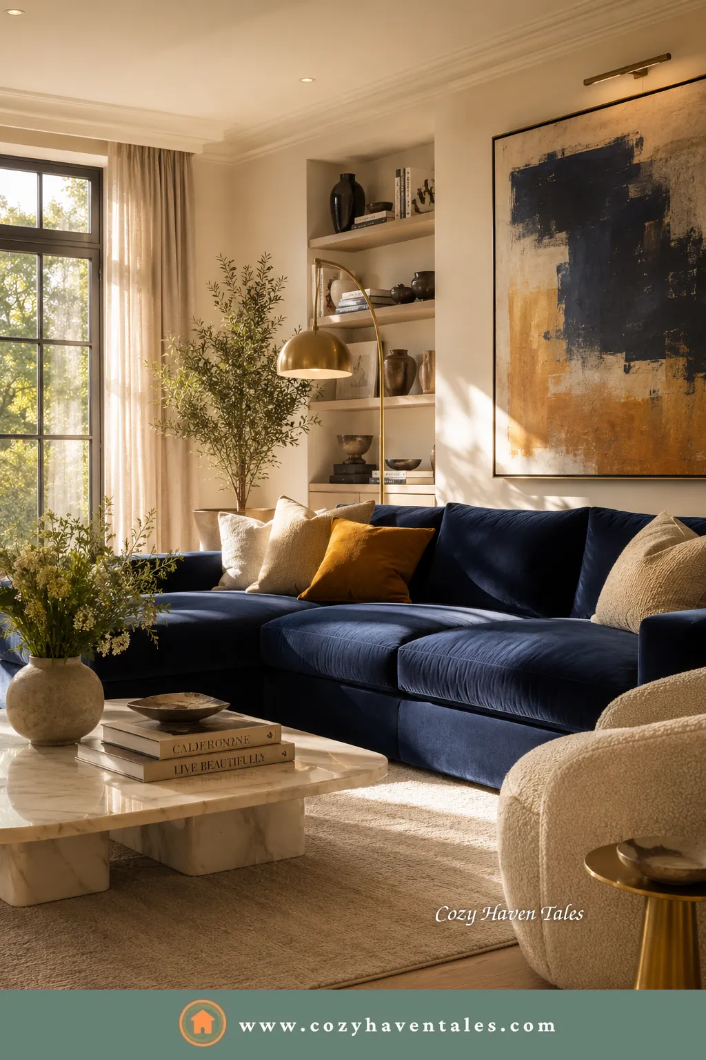 Navy blue velvet sectional in a warm living room with a gold lamp, marble table and abstract art - a timeless sofa color.