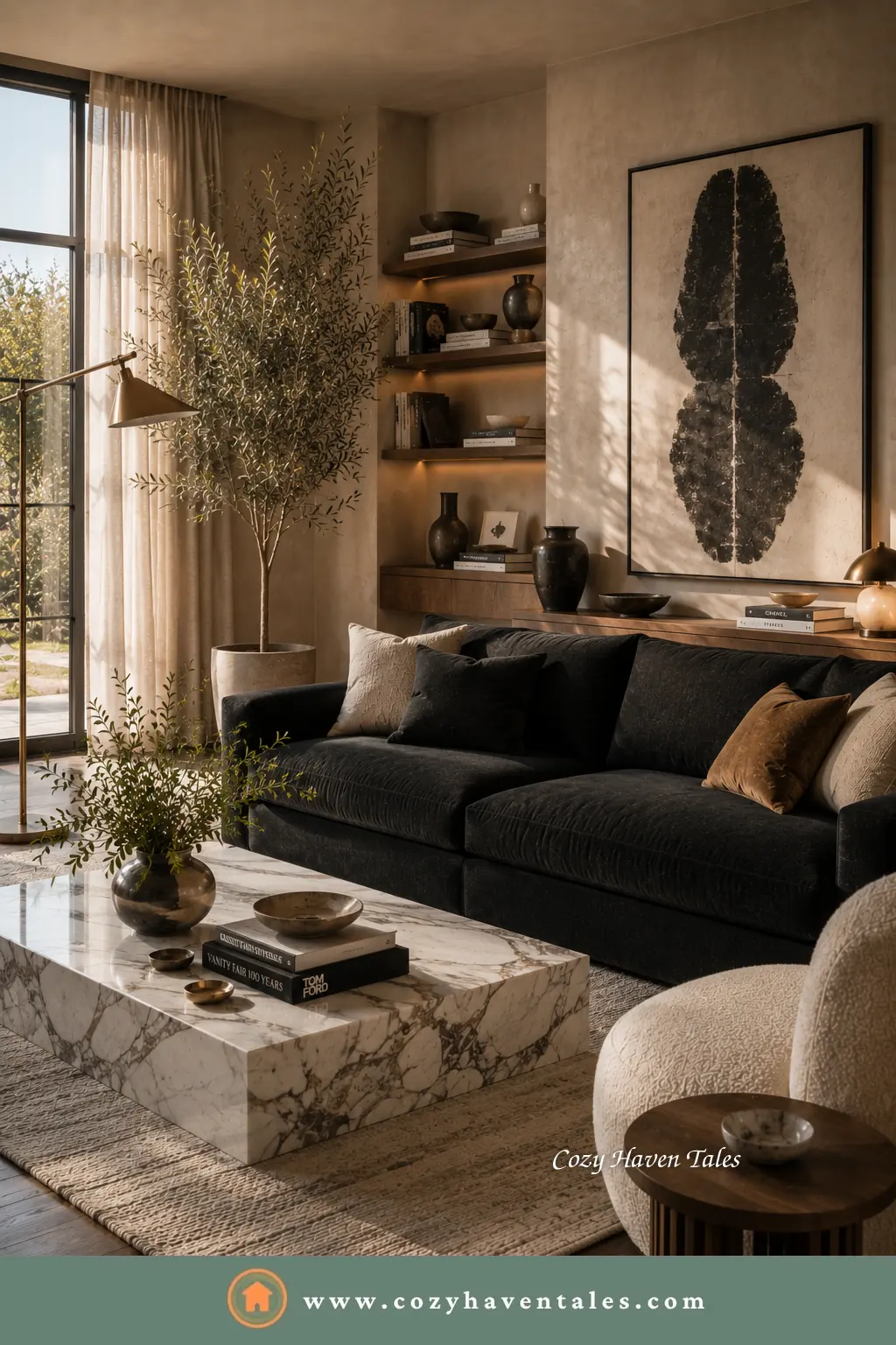 Black sofa in a refined living room with a marble coffee table, dark shelving and a gold floor lamp - a timeless sofa color.