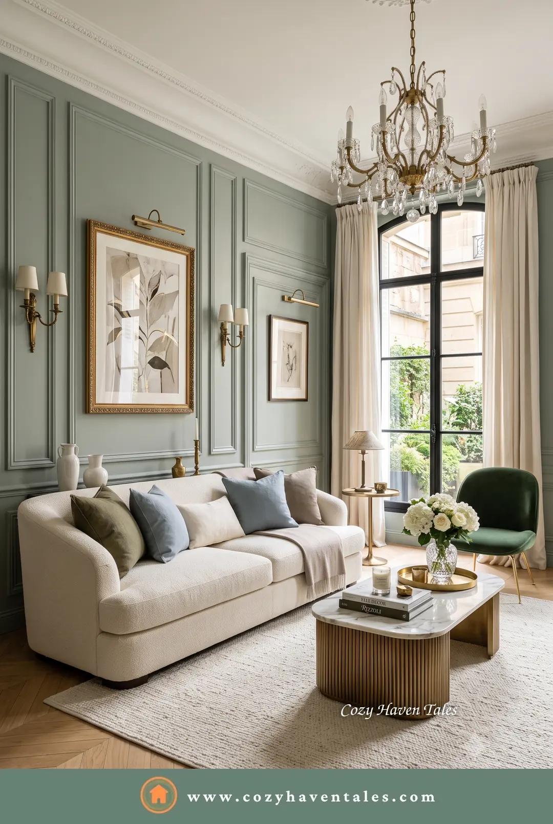 Cream sofa in an elegant living room with sage-green paneled walls, a chandelier and gold-framed art - a timeless sofa color.