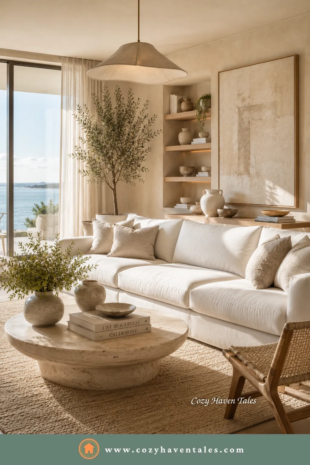 Warm white sofa in an airy living room with a round travertine table, open shelving and a leafy plant - a timeless sofa color.