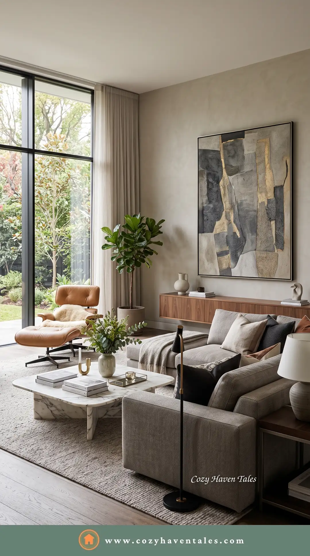 Warm grey sofa and sectional in a sunny living room with a leather lounge chair, art and a garden view - a timeless sofa color.