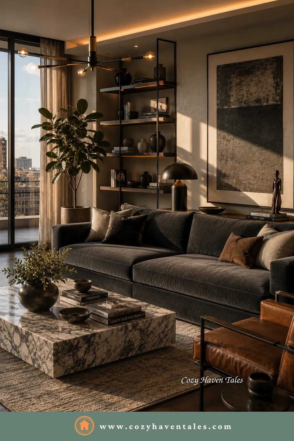 Charcoal grey sofa in a moody, sophisticated living room with a marble coffee table and dark shelving - a timeless sofa color.
