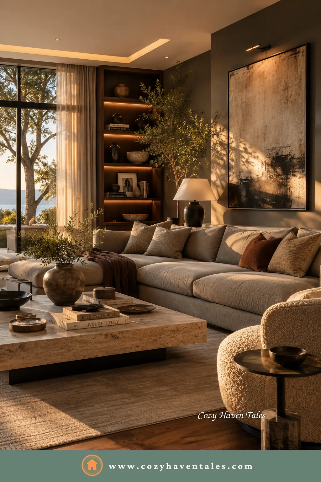 Taupe sofa in a warm, cozy living room with plaster walls, wood shelving and a boucle chair - a timeless sofa color.