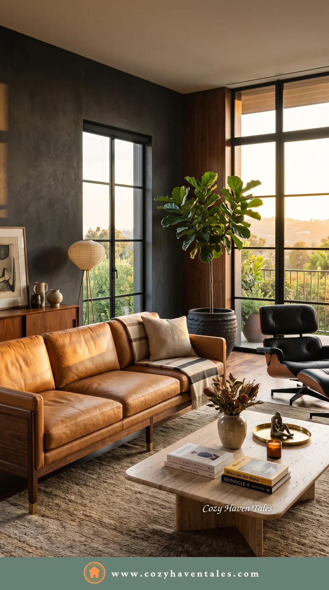 Camel brown leather sofa in a mid-century living room with a leafy plant and warm sunset light - a timeless sofa color.