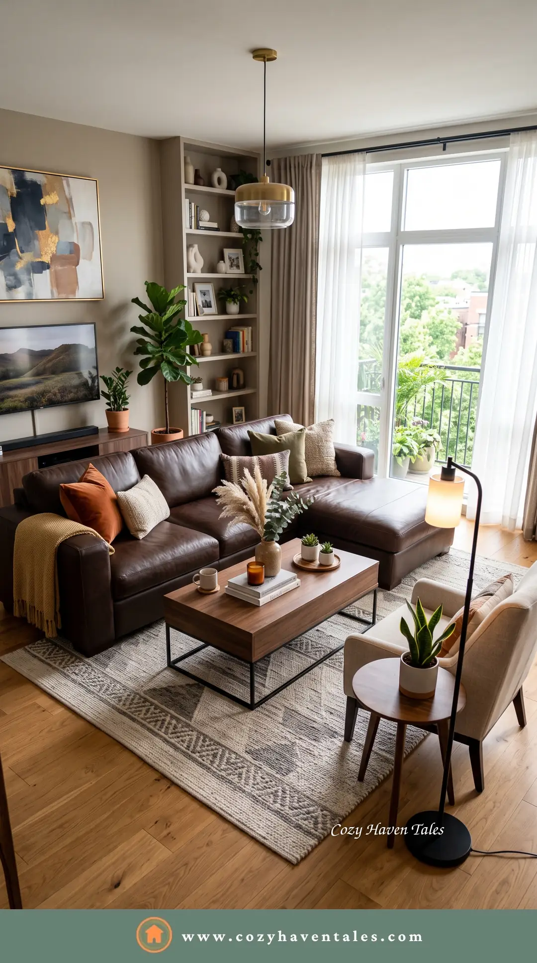 Dark coffee-brown leather sofa in a warm living room with gallery shelves, a patterned rug and a wood table - a timeless sofa color.