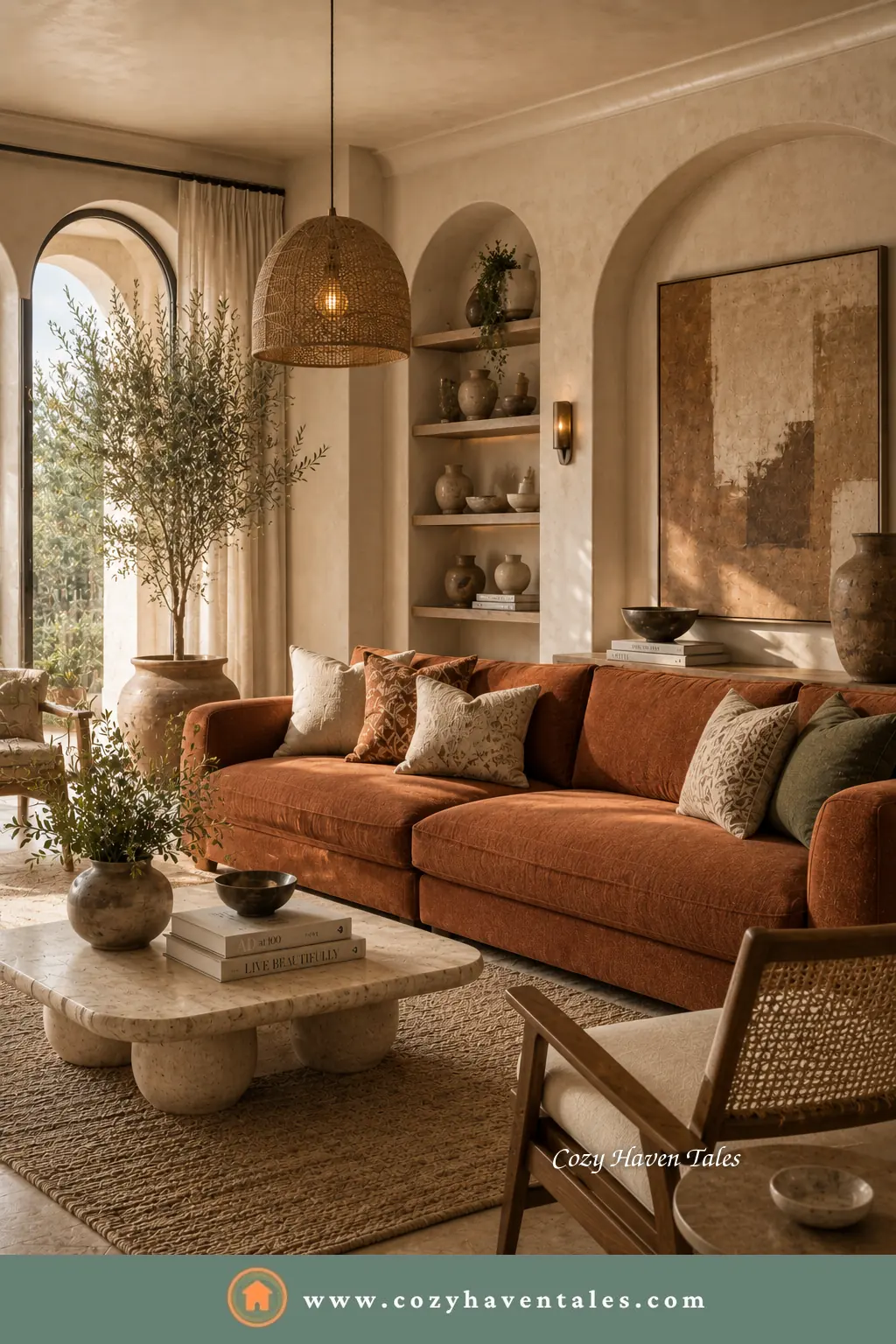 Terracotta sofa in an earthy Mediterranean living room with an arched niche, rattan pendant and travertine table - a timeless sofa color.
