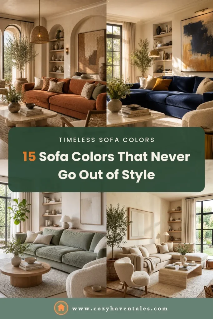 Labeled collage grid of 4 timeless sofa colors - beige, blue, brown and sage green