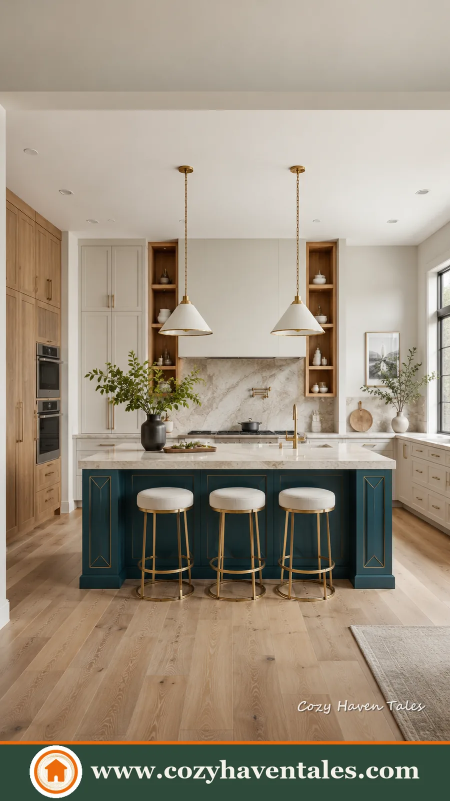 Serene vibrant kitchen island ideas — calm interior showing statement lighting and clean lines